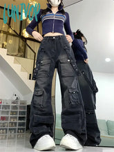 Lunivop Women’s Washed Black Multiple Pockets Denim Trousers American Vintage Street Style Jeans